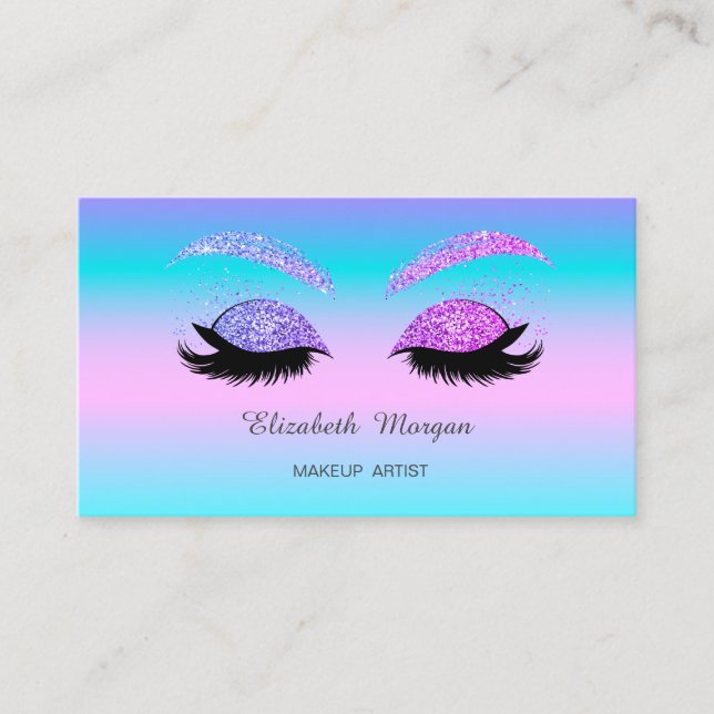 Tarjeta De Visita Elegante Purpurina Faux Lashes Holographic Ombre (Anverso)