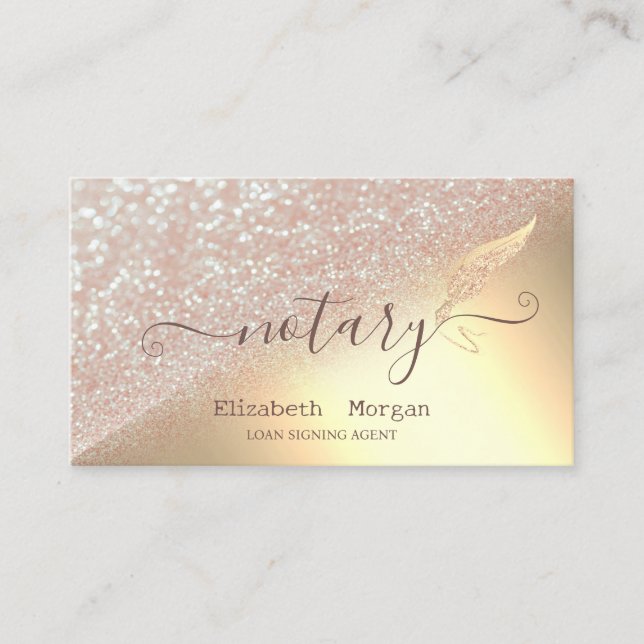 Tarjeta De Visita Elegante Purpurina Feather Notary Bokeh Gold (Anverso)