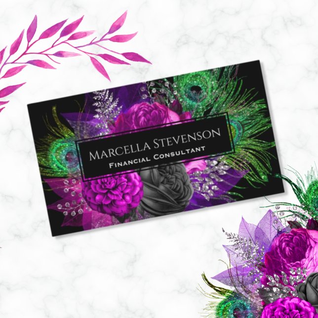 Tarjeta De Visita Elegante Purpurina floral Peacock Feather (Subido por el creador)