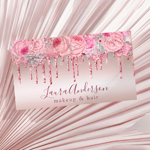Tarjeta De Visita Elegante purpurina floral rosa gotea maquillaje y