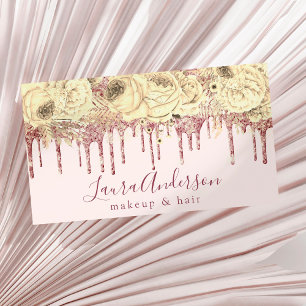 Tarjeta De Visita Elegante purpurina floral rosa gotea maquillaje y 