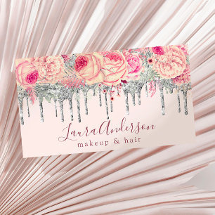 Tarjeta De Visita Elegante purpurina floral rosa gotea maquillaje y