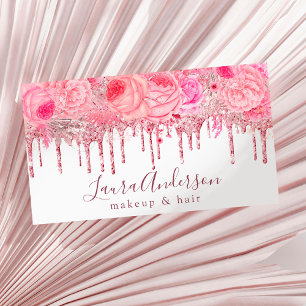 Tarjeta De Visita Elegante purpurina floral rosa gotea maquillaje y 