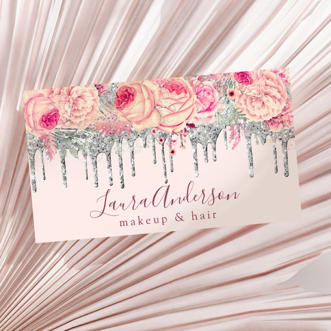 Tarjeta De Visita Elegante purpurina floral rosa gotea maquillaje y  (Subido por el creador)