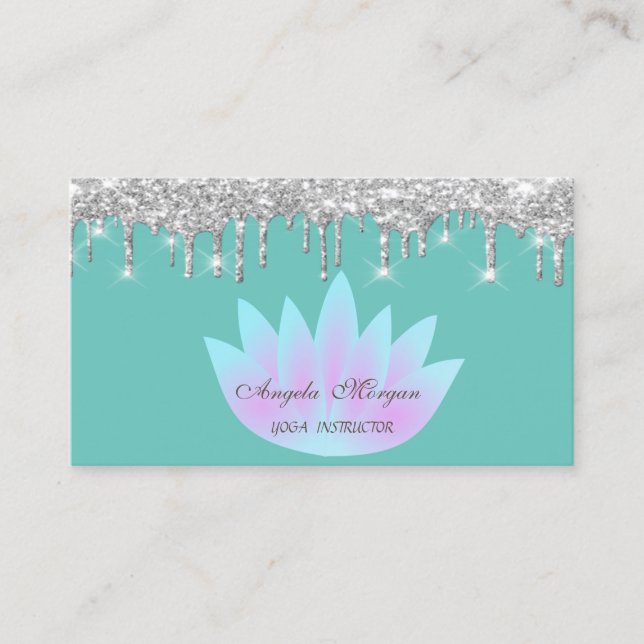 Tarjeta De Visita Elegante Purpurina Lotus Plata Dris Mint Green (Anverso)
