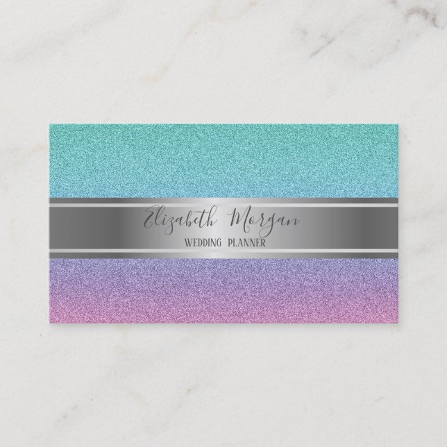 Tarjeta De Visita Elegante Purpurina moderno Bokeh, raya plateada (Anverso)