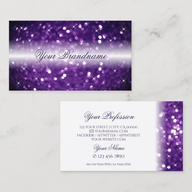 Tarjeta De Visita Elegante Purpurina morado esparcido blanco glamoro (Anverso / Reverso)