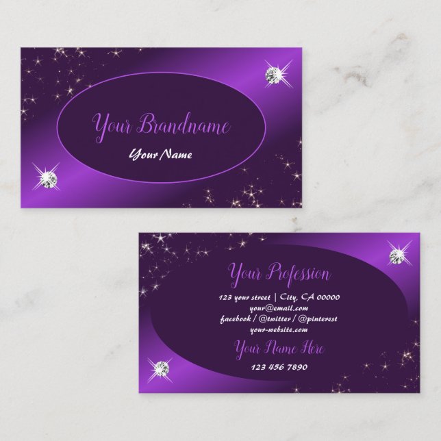 Tarjeta De Visita Elegante Purpurina morado Stars Diamonds Profesion (Anverso / Reverso)