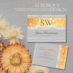 Tarjeta De Visita Elegante Purpurina Naranja Monograma Borde gris pl