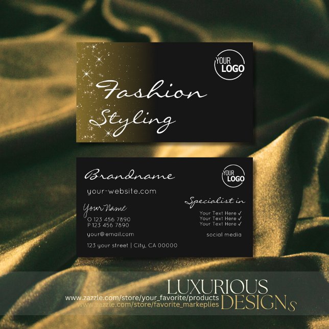 Tarjeta De Visita Elegante Purpurina negro marrón Moda con logo (Subido por el creador)