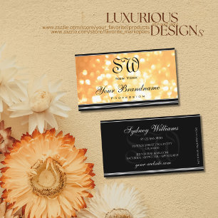 Tarjeta De Visita Elegante Purpurina Peach Monograma Borde Plata Neg