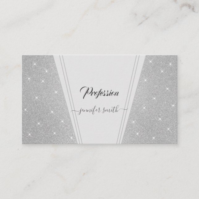 Tarjeta De Visita Elegante Purpurina Plata Estrellas Profesional Fot (Anverso)