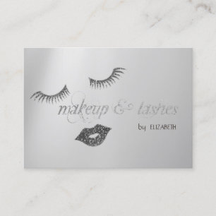Tarjeta De Visita Elegante Purpurina Plata Moderna Lips, Lashes, Maq
