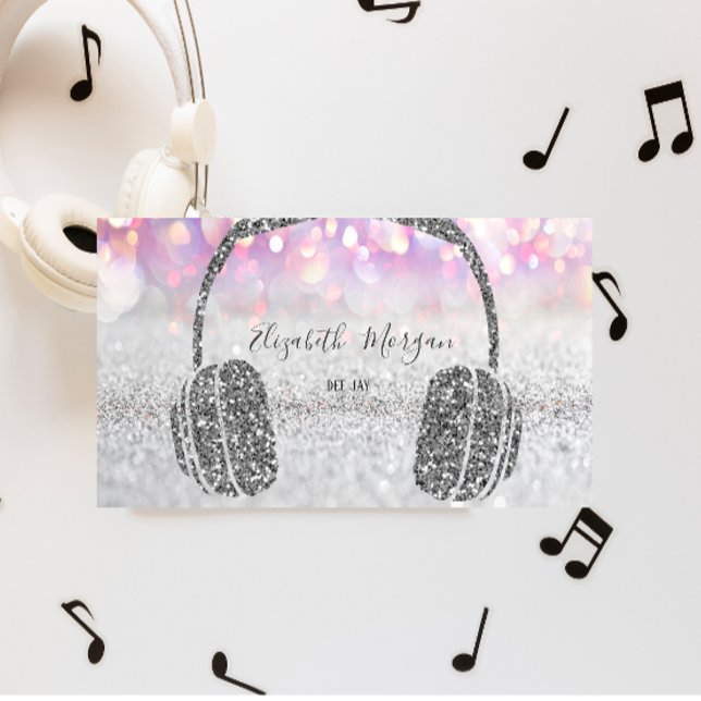 Tarjeta De Visita Elegante Purpurina plateado Bokeh Headphone DJ (Subido por el creador)