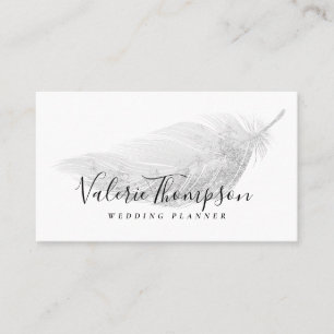 Tarjeta De Visita Elegante purpurina plateado de plumas gris pastel 