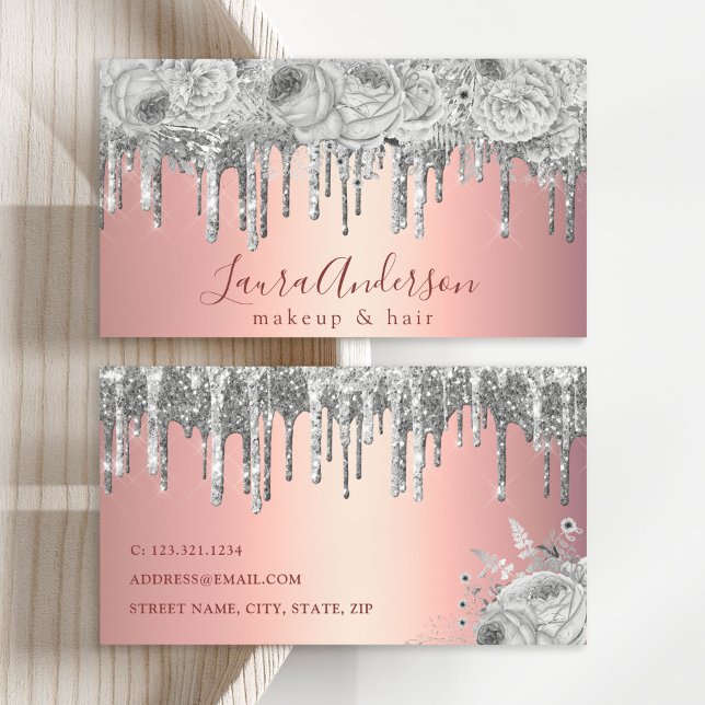 Tarjeta De Visita Elegante purpurina plateado floral gotea maquillaj (Subido por el creador)