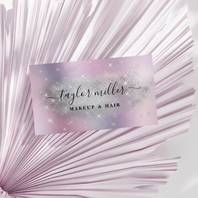 Tarjeta De Visita Elegante purpurina plateado maquillaje y vello met (Subido por el creador)