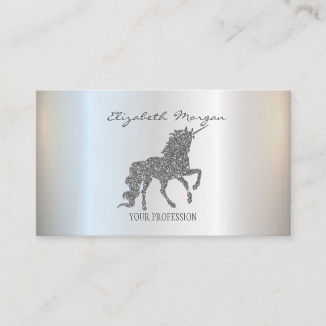 Tarjeta De Visita Elegante Purpurina plateado moderno Unicornio (Anverso)