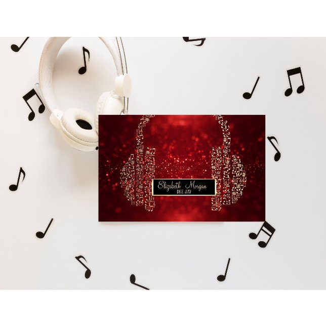 Tarjeta De Visita Elegante Purpurina Rojo Bokeh, Music Notes Headpho (Subido por el creador)