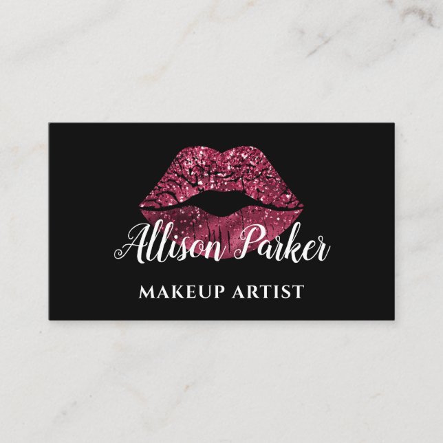 Tarjeta De Visita Elegante Purpurina Rojo Lips Empresa Artista De Ma (Anverso)