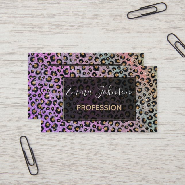 Tarjeta De Visita Elegante Purpurina rosa azul dorado Leopardo negro (Anverso/Reverso In Situ)