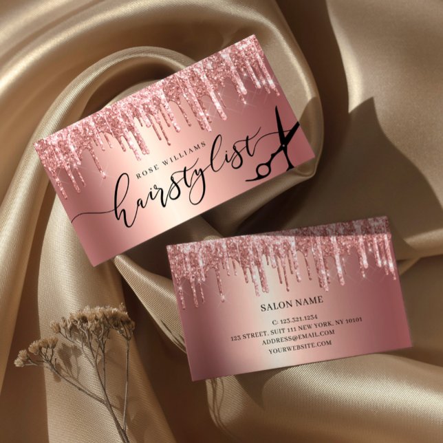 Tarjeta De Visita Elegante purpurina rosa de oro tijeras de peinado (Subido por el creador)