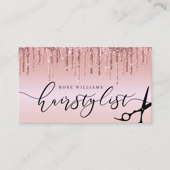 Tarjeta De Visita Elegante purpurina rosa de oro tijeras de peinado (Anverso)