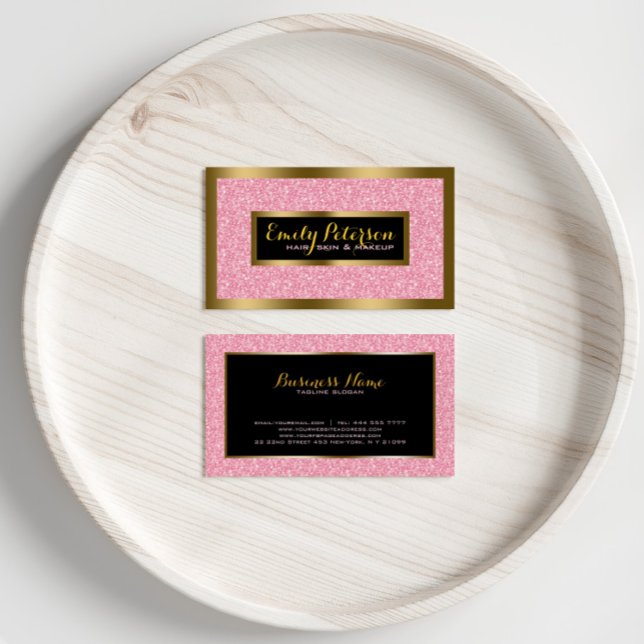 Tarjeta De Visita Elegante Purpurina rosa dorado y acentos negros (Subido por el creador)