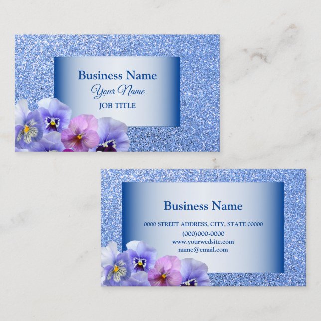 Tarjeta De Visita Elegante Purpurina rosa Lilac Pansy Floral Azul Fl (Anverso / Reverso)