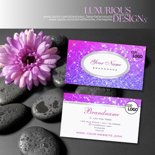 Tarjeta De Visita Elegante Purpurina rosa morado con estrellas y log (Subido por el creador)