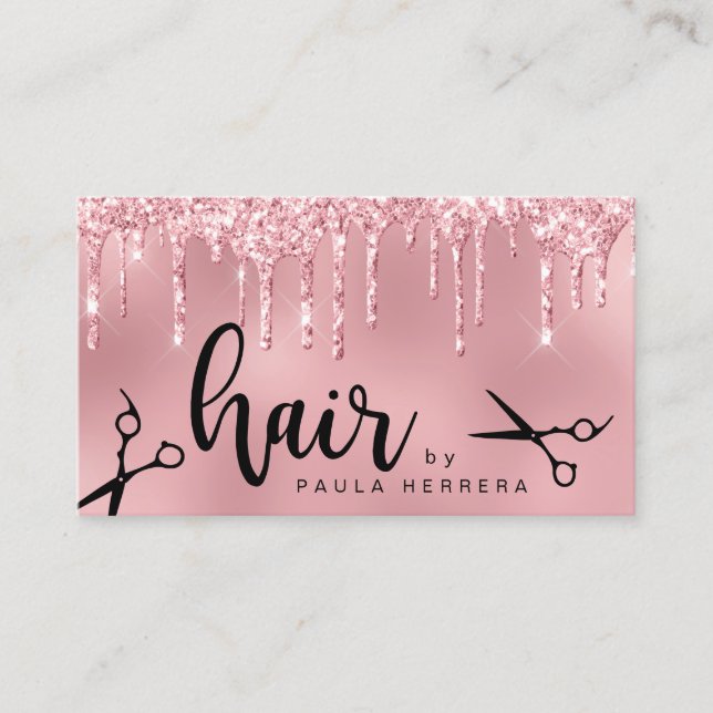 Tarjeta De Visita Elegante purpurina rosa rosa dorado gotea peluquer (Anverso)
