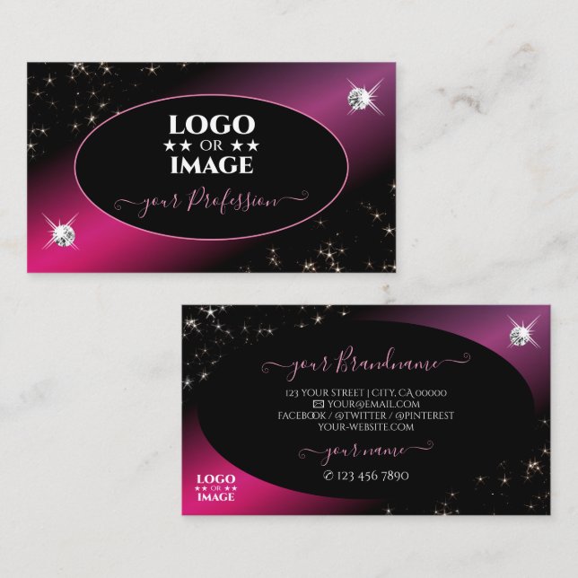 Tarjeta De Visita Elegante Purpurina rosado negro Estrellas Diamante (Anverso / Reverso)