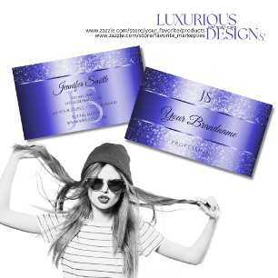 Tarjeta De Visita Elegante Purpurina Royal Blue Sparkling y Monogram