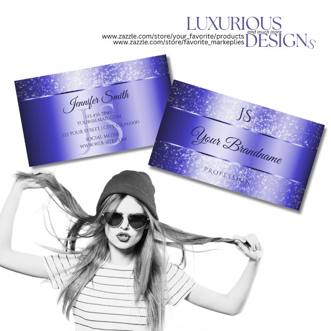 Tarjeta De Visita Elegante Purpurina Royal Blue Sparkling y Monogram (Subido por el creador)