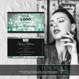 Tarjeta De Visita Elegante Purpurina Verde azulado Estrellas con log