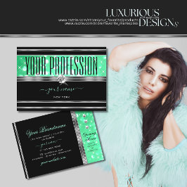 Tarjeta De Visita Elegante Purpurina verde de menta negra de plata