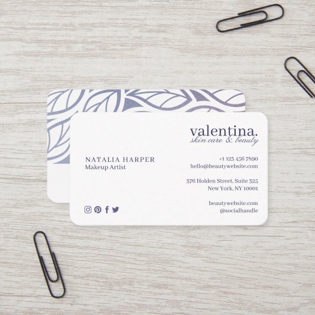 Tarjeta De Visita Elegante Purpurina Violeta Patrón de hojas maquill (Anverso/Reverso In Situ)