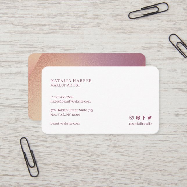 Tarjeta De Visita Elegante Purpurina violeta y maquillaje de belleza (Anverso/Reverso In Situ)