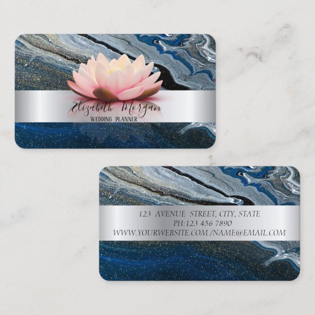 Tarjeta De Visita Elegante raya de plata moderna Lotus Blue Marble (Anverso / Reverso)