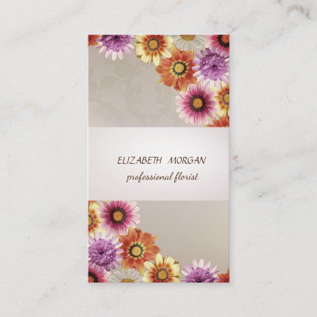 Tarjeta De Visita Elegante  Raya, Encaje, Flores (Anverso)