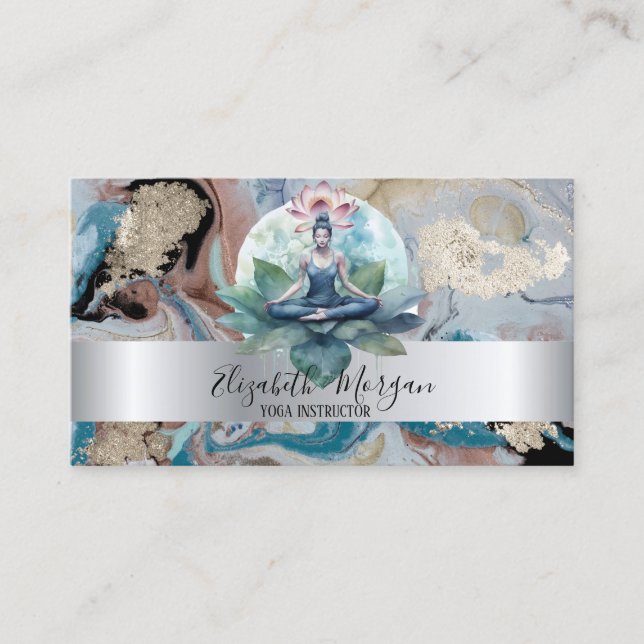 Tarjeta De Visita Elegante raya plateada Lotus Chica Mármol (Anverso)