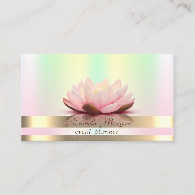Tarjeta De Visita Elegante rayas doradas Holográficas Lotus iridisce (Anverso)