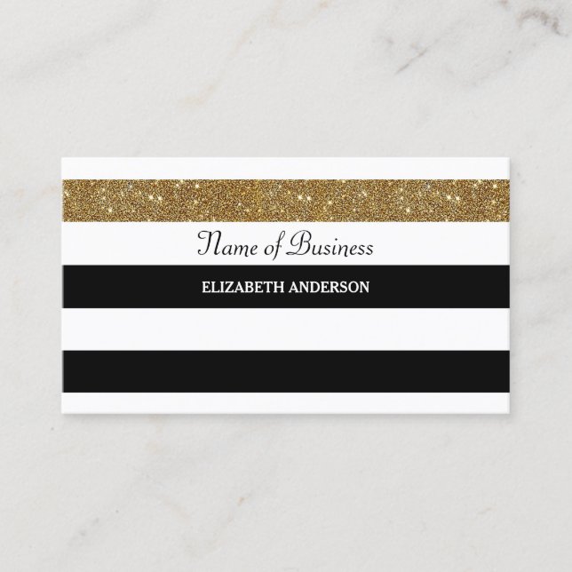 Tarjeta De Visita Elegante rayas negras y blancas rayas doradas FAUX (Anverso)