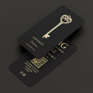 Tarjeta De Visita Elegante Real Estate Vintage Key Realtor Negro