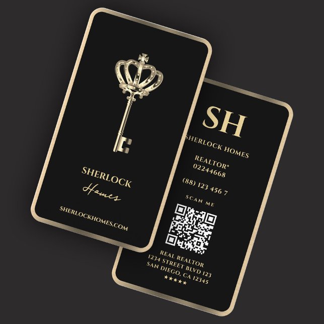 Tarjeta De Visita Elegante realtor Crown Key Black Faux Gold Trim (Subido por el creador)