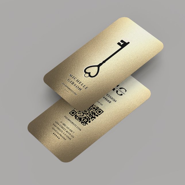 Tarjeta De Visita Elegante realtor moderno clave Monograma Faux Gold (Elegant Modern Realtor Gold Black Key Monogram Business Card
)