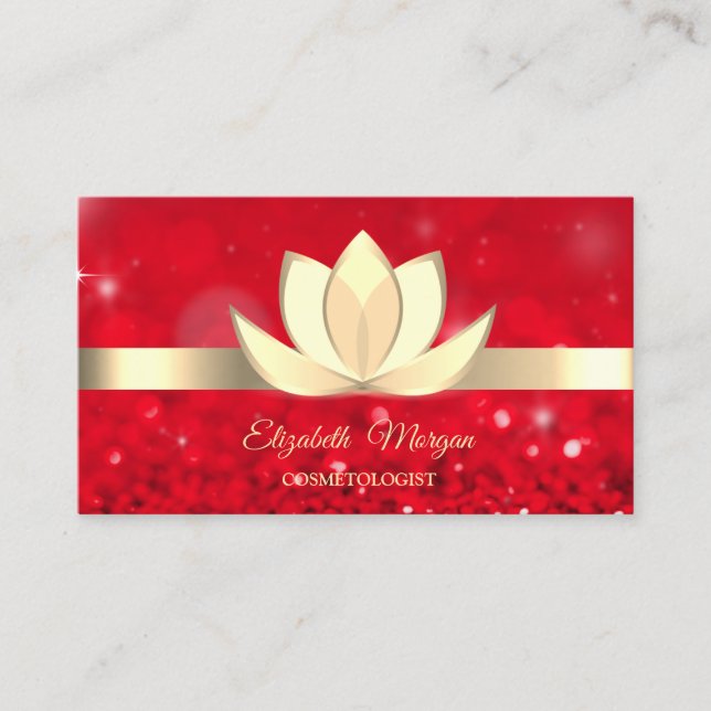 Tarjeta De Visita Elegante Red Bokeh Gold Lotus Flor Yoga Reiki (Anverso)