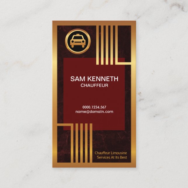 Tarjeta De Visita Elegante Red Grunge Golden Borders Taxi Chauffeur (Anverso)