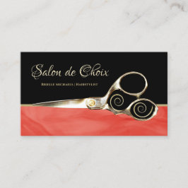 Tarjeta De Visita Elegante Red Naranja Marble Gold Scissors Salón de