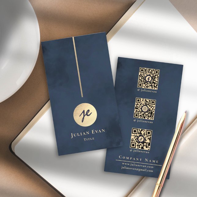 Tarjeta De Visita Elegante red social de la Marina Blue & Gold Monog (Elegant Navy Blue & Gold Monogram Social Media Business Card)